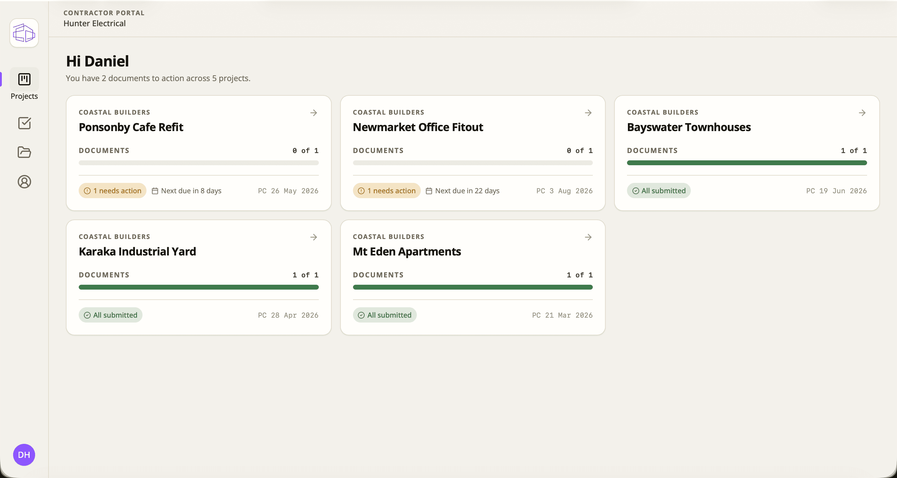 Contractor portal showing assigned tasks and upload status